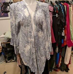 Blue and White Paisley Kimono Open Cardigan - L